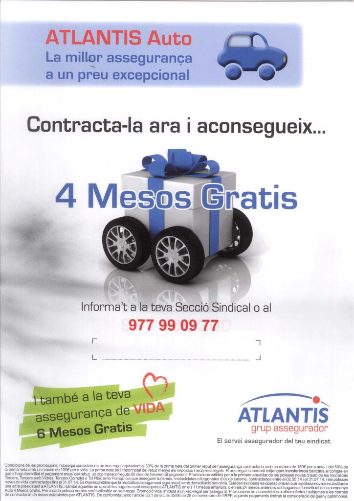 Promoció 4 mesos gratuïts assegurança del cotxe i ampliació assegurança afiliats/des. Darrers dies.