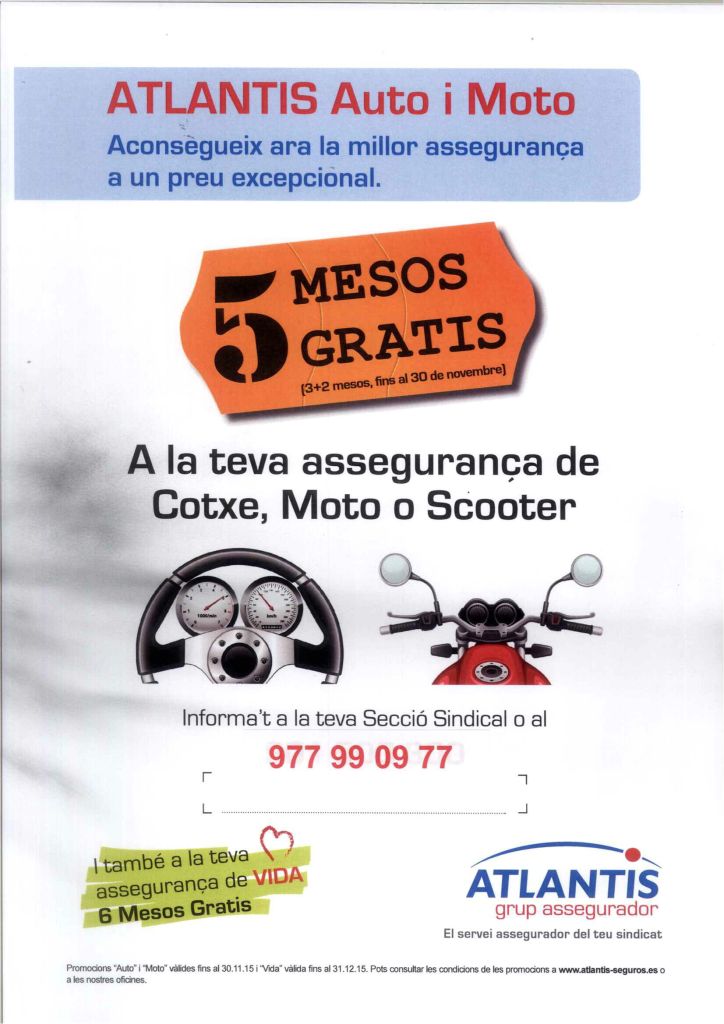 Oferta assegurança Atlantis, cotxe o moto, fins al 30 de novembre
