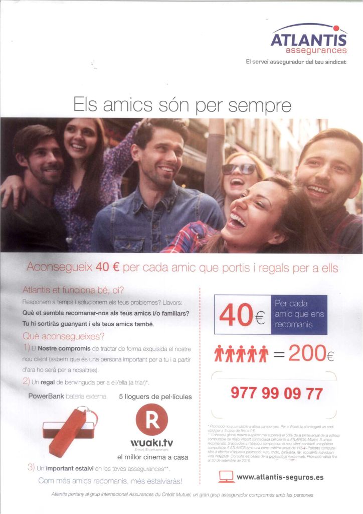 Amics per sempre, nova promoció assegurança Atlantis, l'asseguradora de la UGT