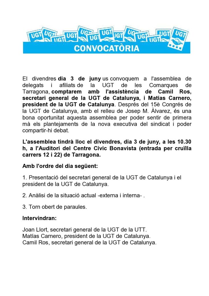 Convocatòria Assemblea afiliats i delegats UGT de Tarragona
