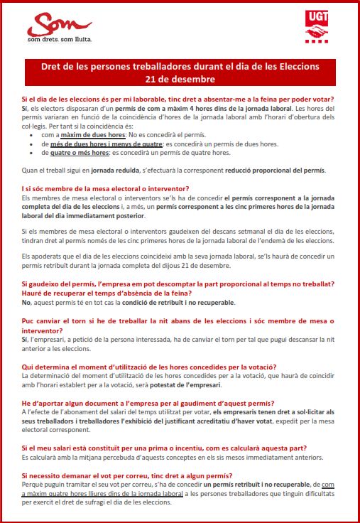 Drets de les persones treballadores el dia de les Eleccions del 21 de desembre