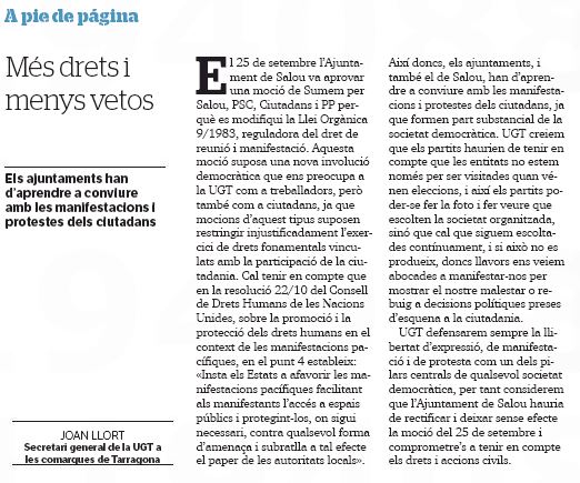 Article del Secretari general de la UGT de les Comarques de Tarragona, Joan Llort, al Diari de Tarragona