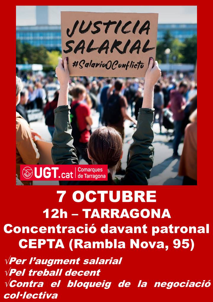 Divendres 7 d’octubre celebrem la Jornada Mundial del Treball Digne sota el lema de ‘Justícia salarial’ amb una concentració davant la seu de CEPTA a les 12h